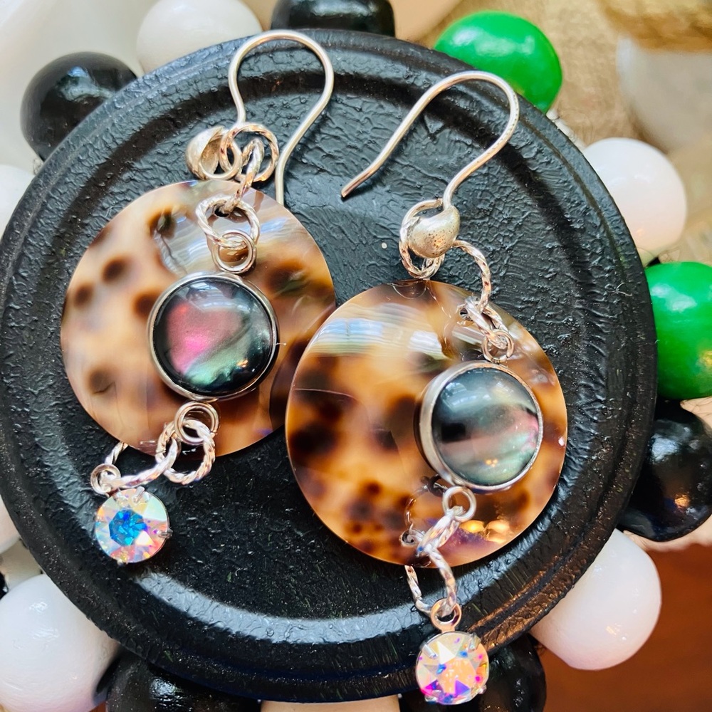 Handmade Seashell and Cabochon Dangle Earrings 2 1/2 Inches